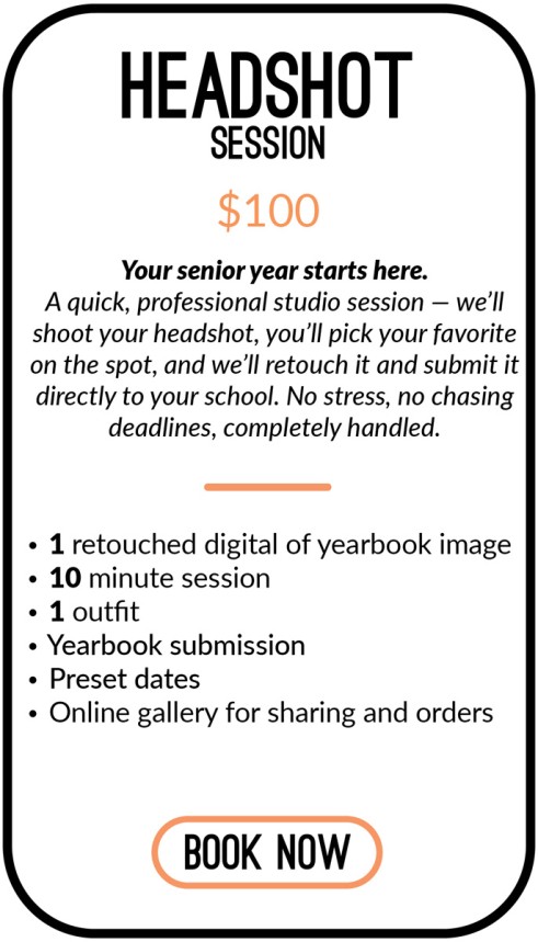 Quick, professional, and perfect for yearbook requirements - 15 minute studio session1 outfit1 fully retouched digital fileYearbook submissionPreset dates