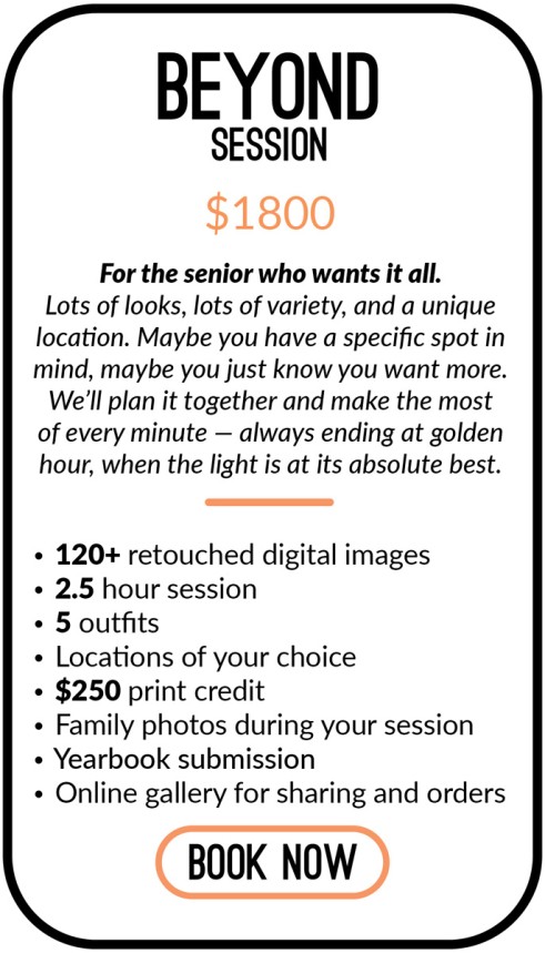 Go all out with maximum variety, creativity, and flexibility - 2.5 hour session5 outfitsLocation of your choice120+ fully retouched digital images$250 print creditSet of 25 4×6 printsFamily photosOnline gallery